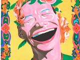 an image of a painting of a smiling man with a flower in his hair