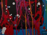 abstract painting of red and blue paint splattered on a black background