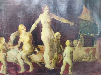 an oil painting of a woman standing on a bed surrounded by other people