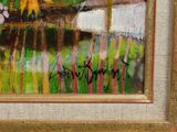 an image of a painting of a house with a fence and flowers