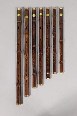 six flutes are lined up in a row on a white surface