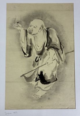 drawing of a man with a cat and a bird in his hand