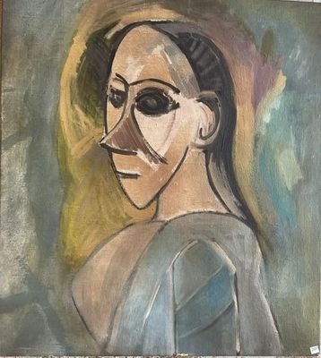 an oil painting of a woman with glasses on her face
