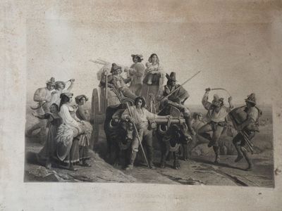 un dessin représentant un groupe de personnes à bord d'une calèche