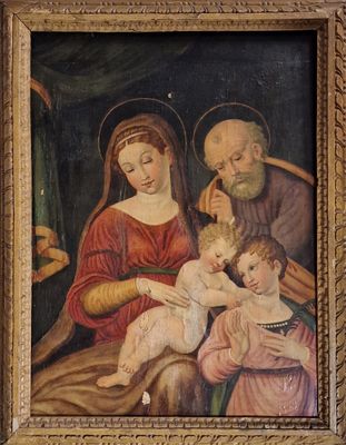 un vieux tableau représentant une famille avec un bébé et un homme âgé