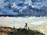 un tableau représentant un homme marchant sur la plage