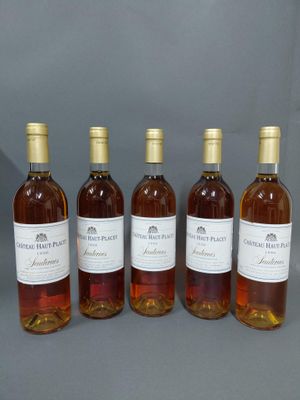 six bouteilles de vin sont alignées sur une surface grise
