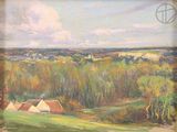 an oil painting of a landscape with a farm in the foreground