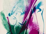 an abstract painting of pink and green paint on a white background