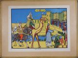 painting of a man riding a camel in front of a castle