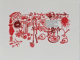 a red and white drawing of a man and a woman
