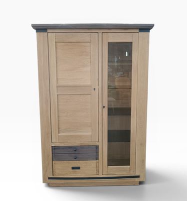 a close up of a wooden cabinet with a glass door