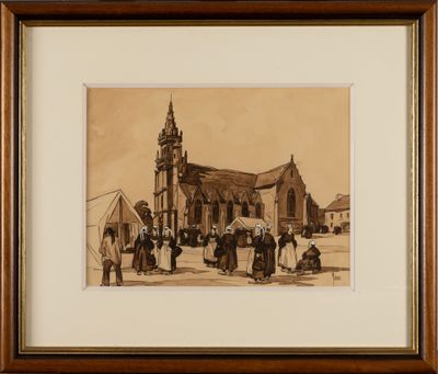 an old picture of a group of people standing in front of a church