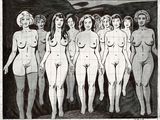 dessin représentant un groupe de femmes nues debout devant un mur