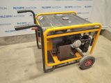 yellow and black portable generator on wheels in front of a blue and white sign