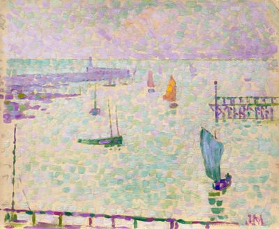 tableau représentant des bateaux dans l'eau près d'un embarcadère, avec un embarcadère en arrière-plan