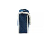 blue and white purse on white background with blue and white stripe
