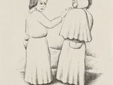drawing of two women standing next to each other, one of them is touching the other ' s hand