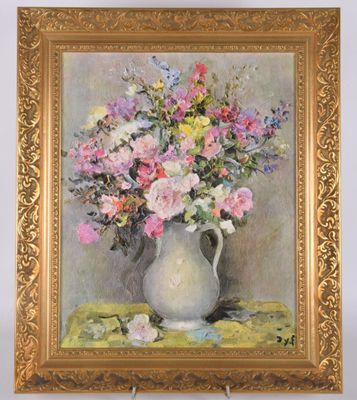 an oil painting of a vase of flowers on a table