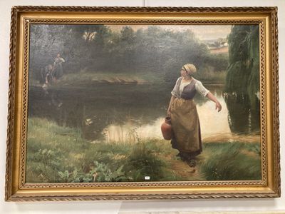 un tableau représentant une femme avec un panier au bord de l'eau