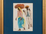 painting of two women walking in the rain with umbrellas on their heads