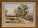 an image of a painting of a country scene with a bridge