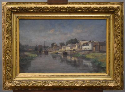 une image représentant un tableau où l'on voit une rivière avec des bâtiments en arrière-plan