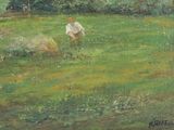 painting of a person in a field with a dog in the grass