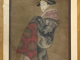 une image représentant un tableau où l'on voit une femme coiffée d'un chapeau tenant un chat dans ses bras