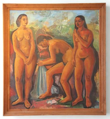 Solange Latteur (XXème) Rencontre de trois femmes à la plage…