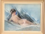 painting of a nude woman laying on a bed with a blue background