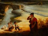 painting of a group of people sitting on the bank of a river