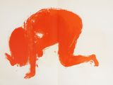 painting of a man bending over with his head down on a white surface