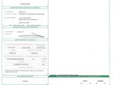 a green and white document with a barcode on it