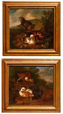 deux tableaux représentant des oiseaux dans un paysage, avec un oiseau au sol et un oiseau au sol