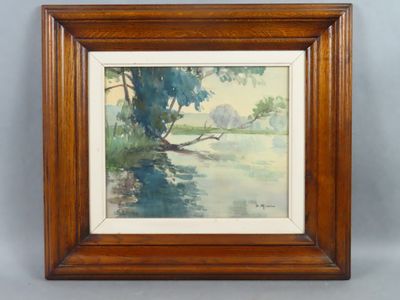 un tableau représentant un paysage fluvial avec des arbres et de l'eau