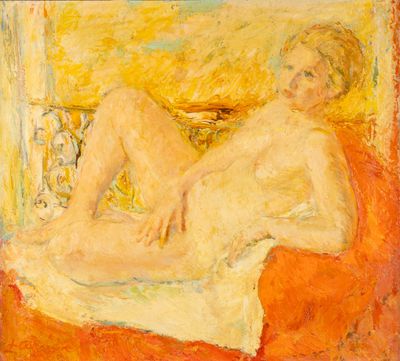 un tableau représentant une femme nue assise sur un canapé