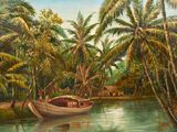 un tableau représentant un bateau sur l'eau, entouré de palmiers