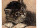 painting of a kitten laying down on a bed with its head resting on its paws