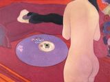 un tableau représentant une femme nue assise sur un canapé rouge