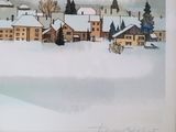 a picture of a painting of a village in the snow