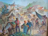 un tableau représentant un groupe de personnes et de chevaux dans une ville