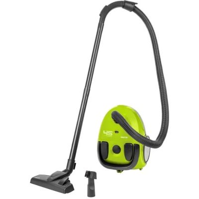 a green vacuum cleaner with a black handle and a black hose