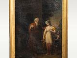 un vieux tableau représentant un homme et une femme dans un paysage