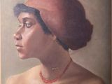tableau représentant une femme portant un chapeau rouge et un collier rouge