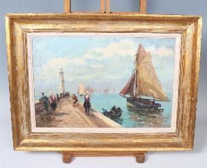 painting of a sailboat on a pier with a lighthouse in the background