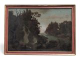 un vieux tableau représentant un paysage avec une cascade au premier plan