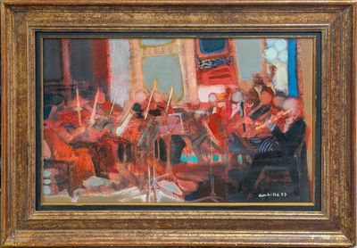 une peinture à l'huile représentant un orchestre jouant dans une grande salle