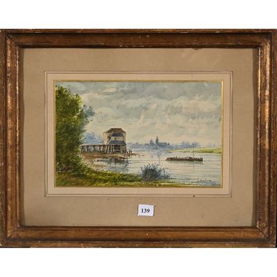 une peinture à l'huile représentant un bateau sur une rivière, avec un pont en arrière-plan