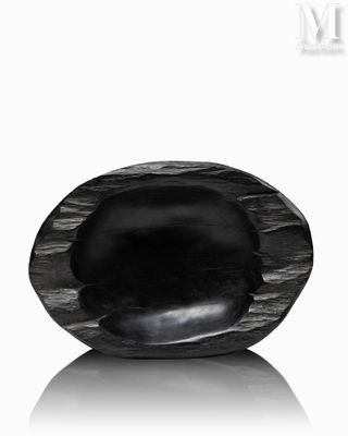 a close up of a black oval stone on a white surface